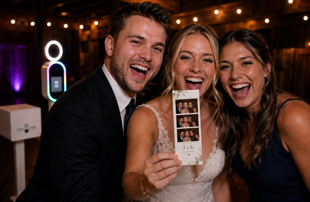 Bruidspaar met fotostrip bij de Starlight Booth