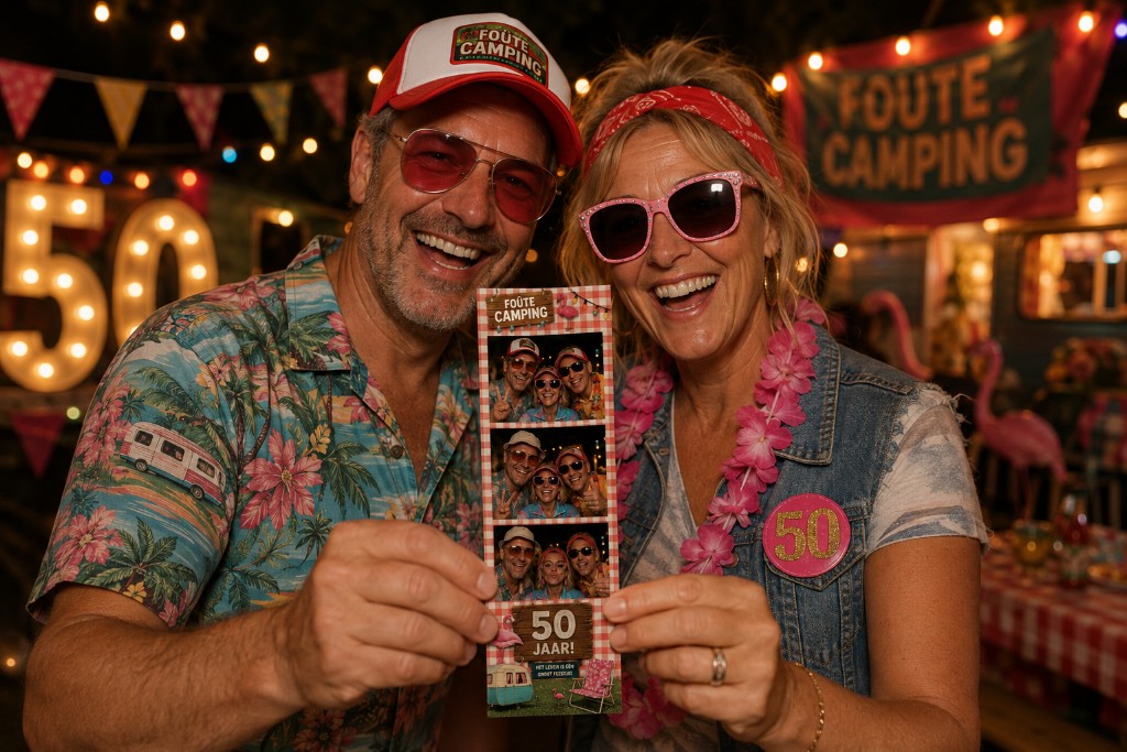 Feestgangers met een themastrip van de Starlight Booth